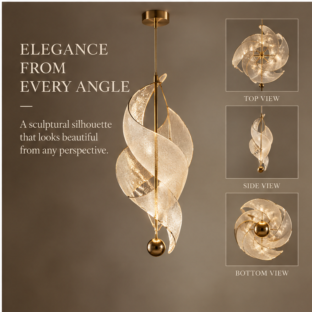 OMGANASA Spiral Crystal Glass Gold Sculptural Pendant Chandelier - Elegance from Every Angle