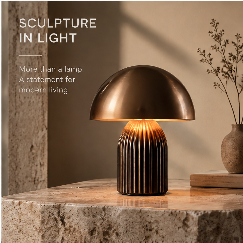OMGANASA Bronze Metal Dome Ribbed Base Dimmable Mushroom Lamp - Sculpture in Light