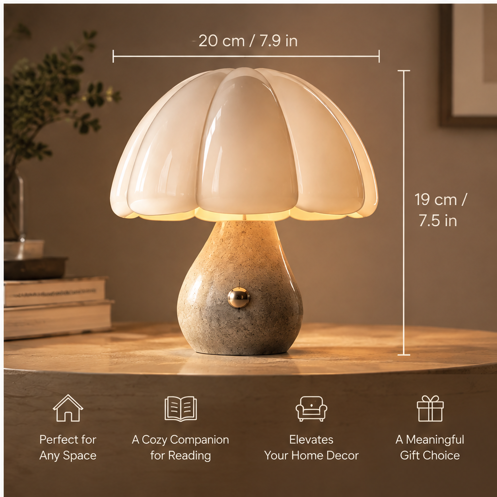 OMGANASA Petal Glass Shade Stone Base Touch Mushroom Table Lamp - Size & Features