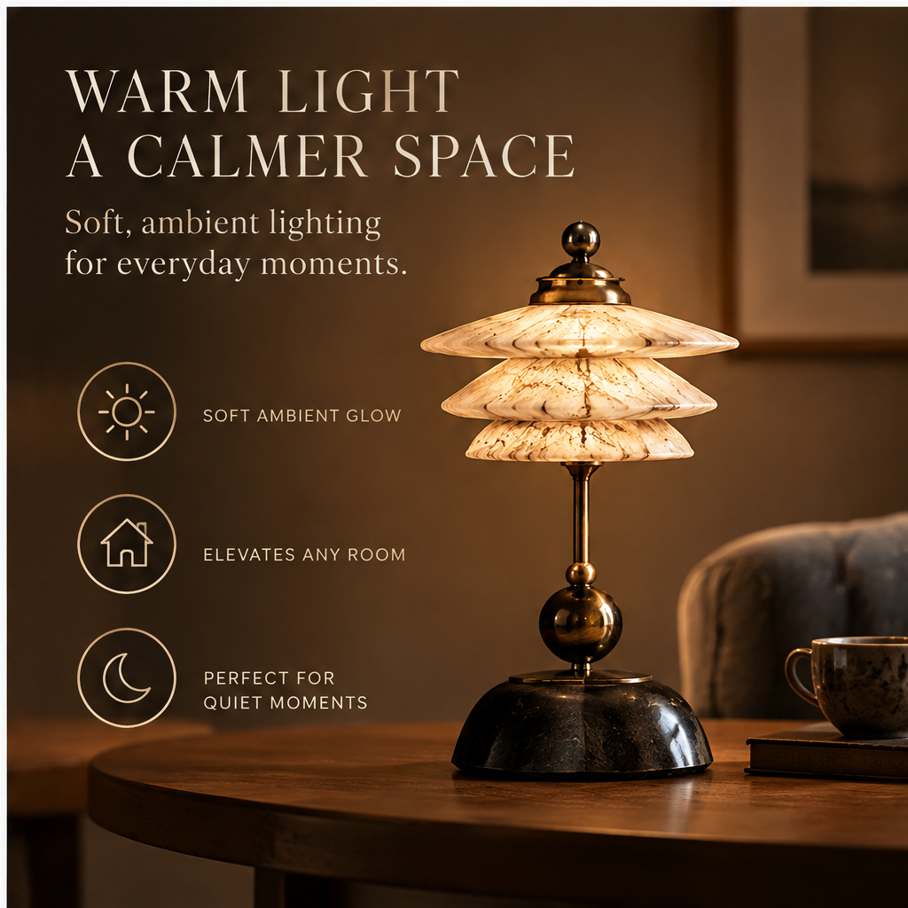 OMGANASA Triple-Tier Marble Glass Shade Art Deco Bronze Ball Table Lamp - Warm Light A Calmer Space Scene