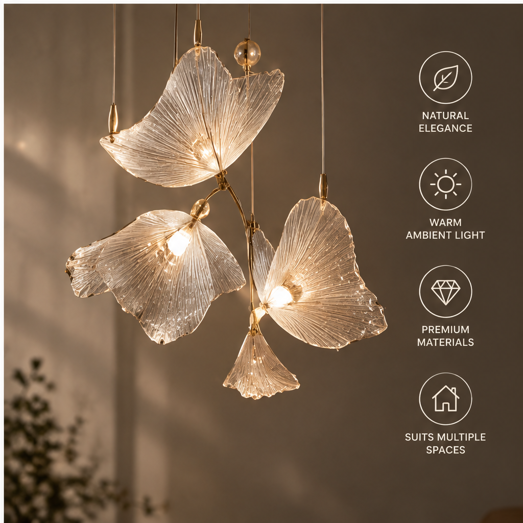 OMGANASA Ginkgo Leaf Crystal Glass Gold Multi-Head Cluster Chandelier - Features Overview