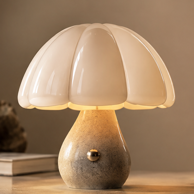 OMGANASA Petal Glass Shade Stone Base Touch Mushroom Table Lamp - Main View
