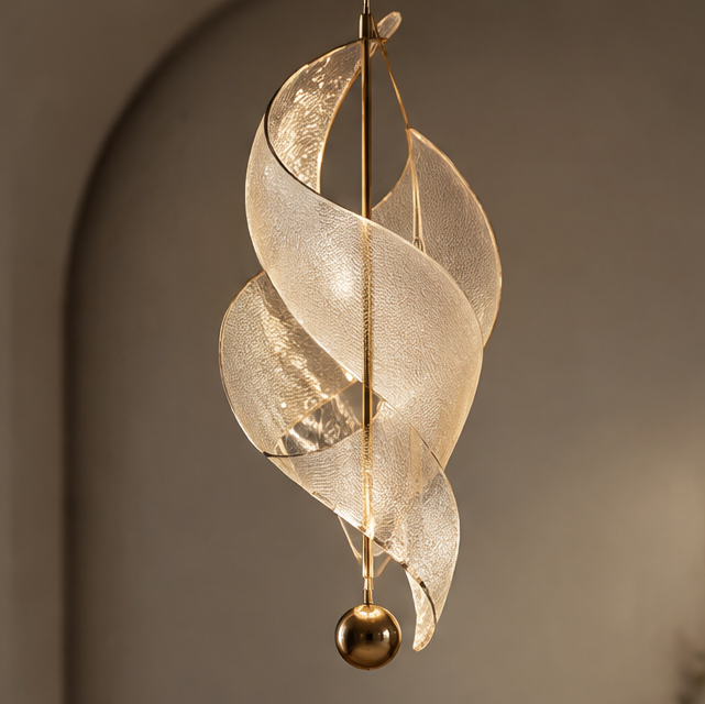 OMGANASA Spiral Crystal Glass Gold Sculptural Pendant Chandelier - Main View