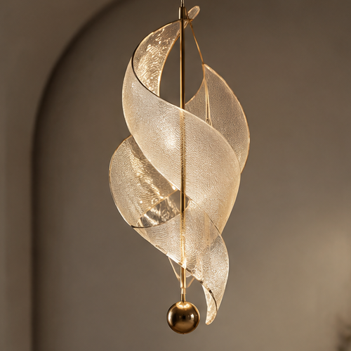 OMGANASA Spiral Crystal Glass Gold Sculptural Pendant Chandelier - Main View