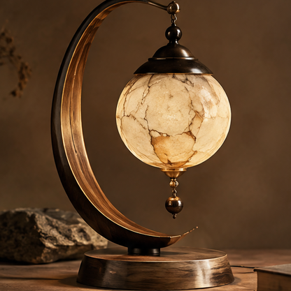 OMGANASA Crescent Arch Marble Globe Antique Bronze Wood Base Table Lamp - Main View