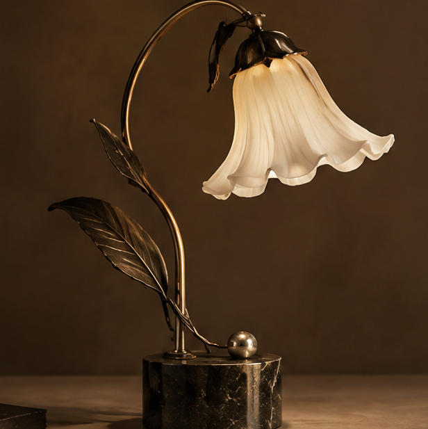 OMGANASA Lily of the Valley Floral Glass Shade Antique Brass Leaf Table Lamp - Main View