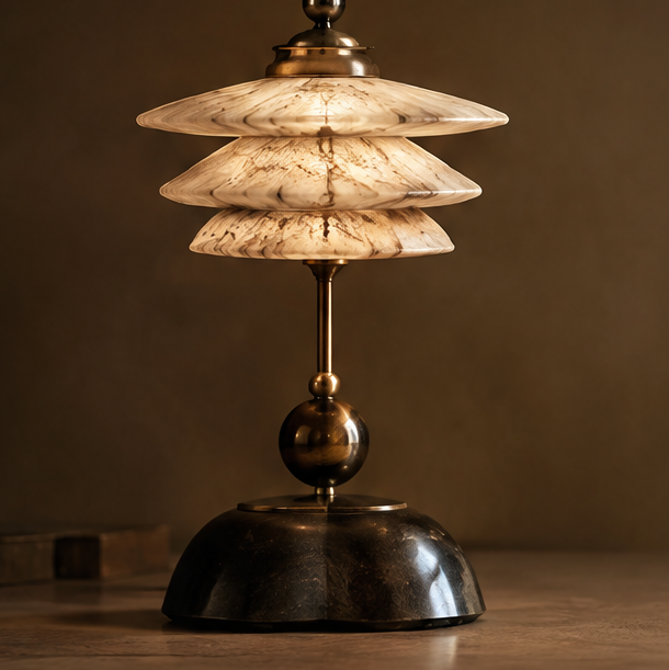 OMGANASA Triple-Tier Marble Glass Shade Art Deco Bronze Ball Table Lamp - Main View
