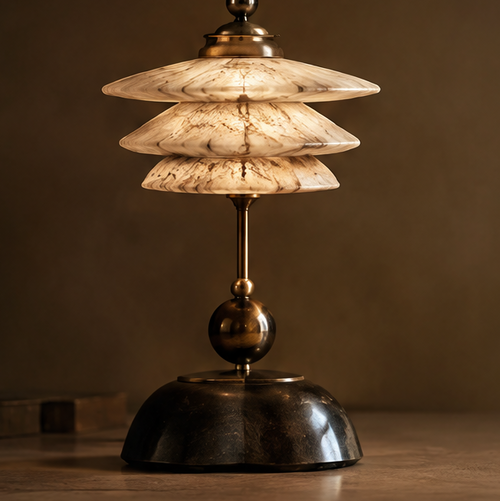 OMGANASA Triple-Tier Marble Glass Shade Art Deco Bronze Ball Table Lamp - Main View