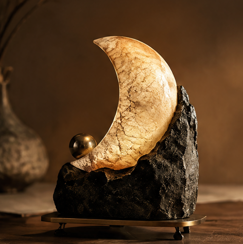 OMGANASA Natural Alabaster Crescent Moon Raw Stone Sculptural Table Lamp - Main View