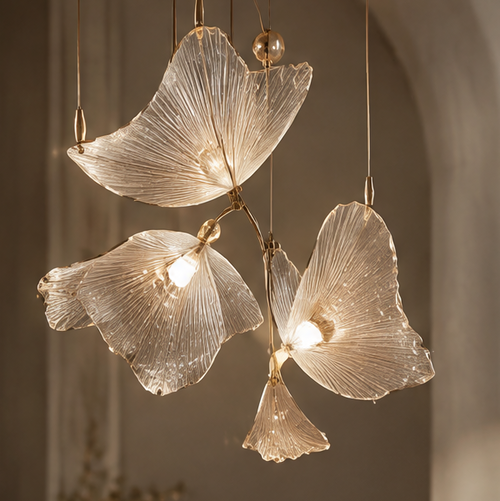 OMGANASA Ginkgo Leaf Crystal Glass Gold Multi-Head Cluster Chandelier - Main View