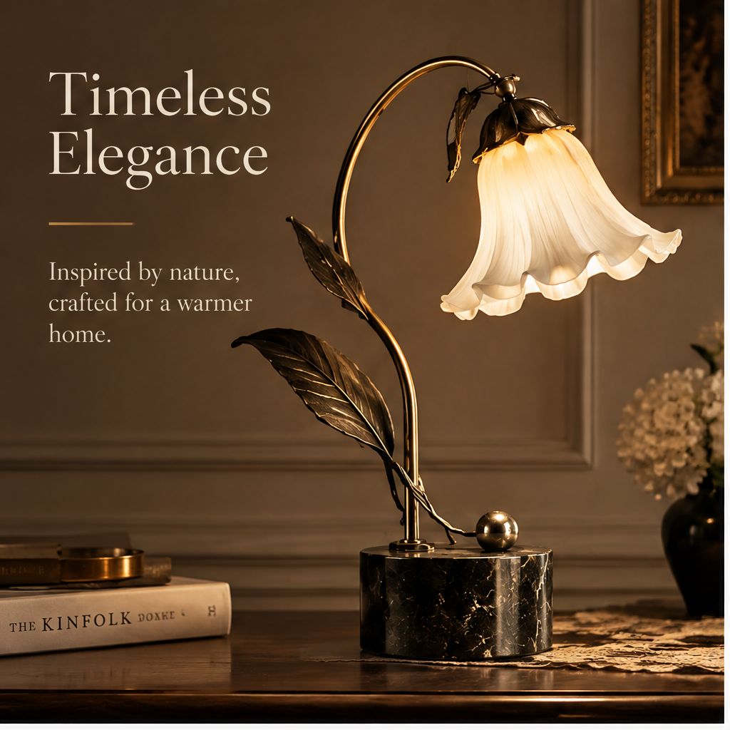 OMGANASA Lily of the Valley Floral Glass Shade Antique Brass Leaf Table Lamp - Timeless Elegance Scene
