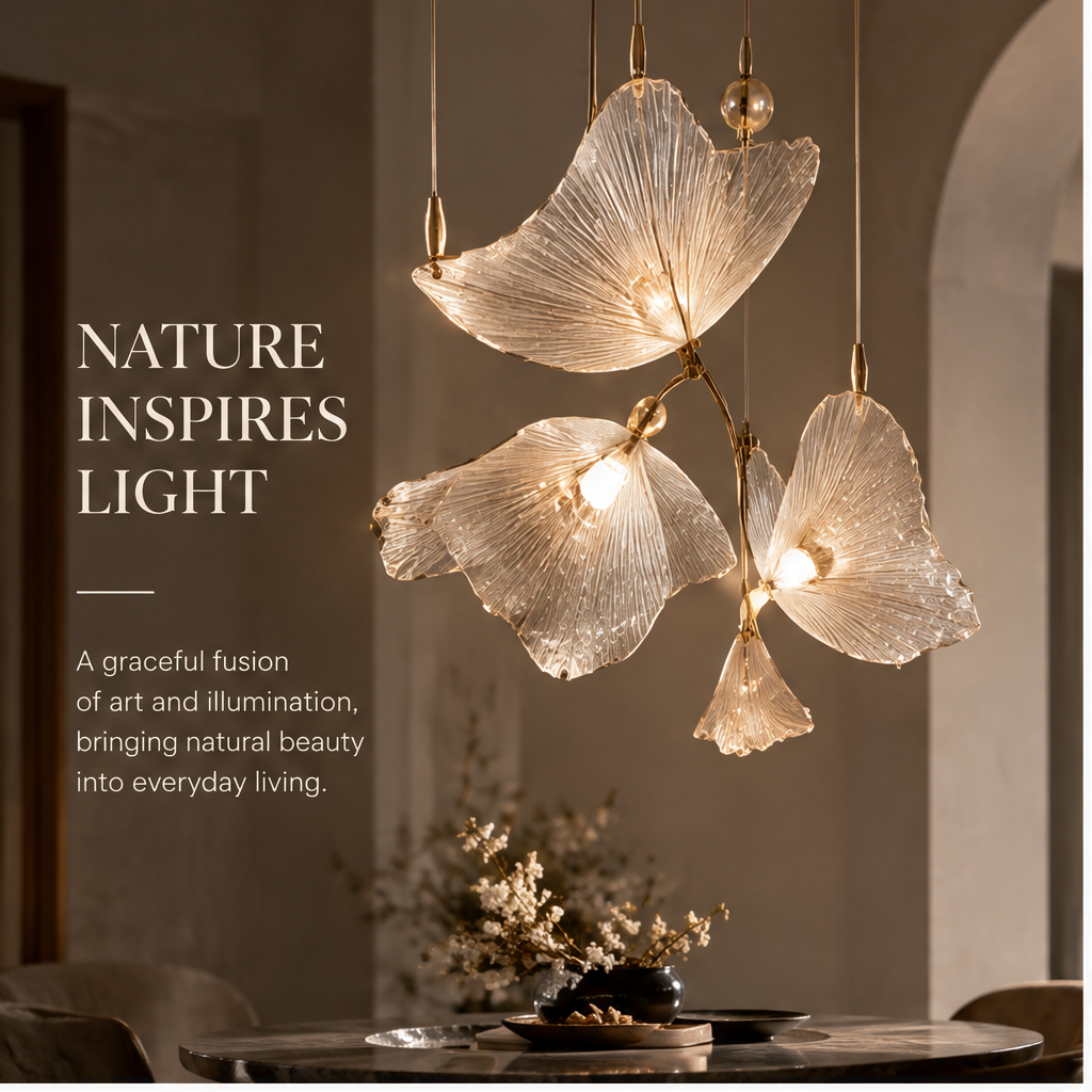 OMGANASA Ginkgo Leaf Crystal Glass Gold Multi-Head Cluster Chandelier - Nature Inspires Light Scene