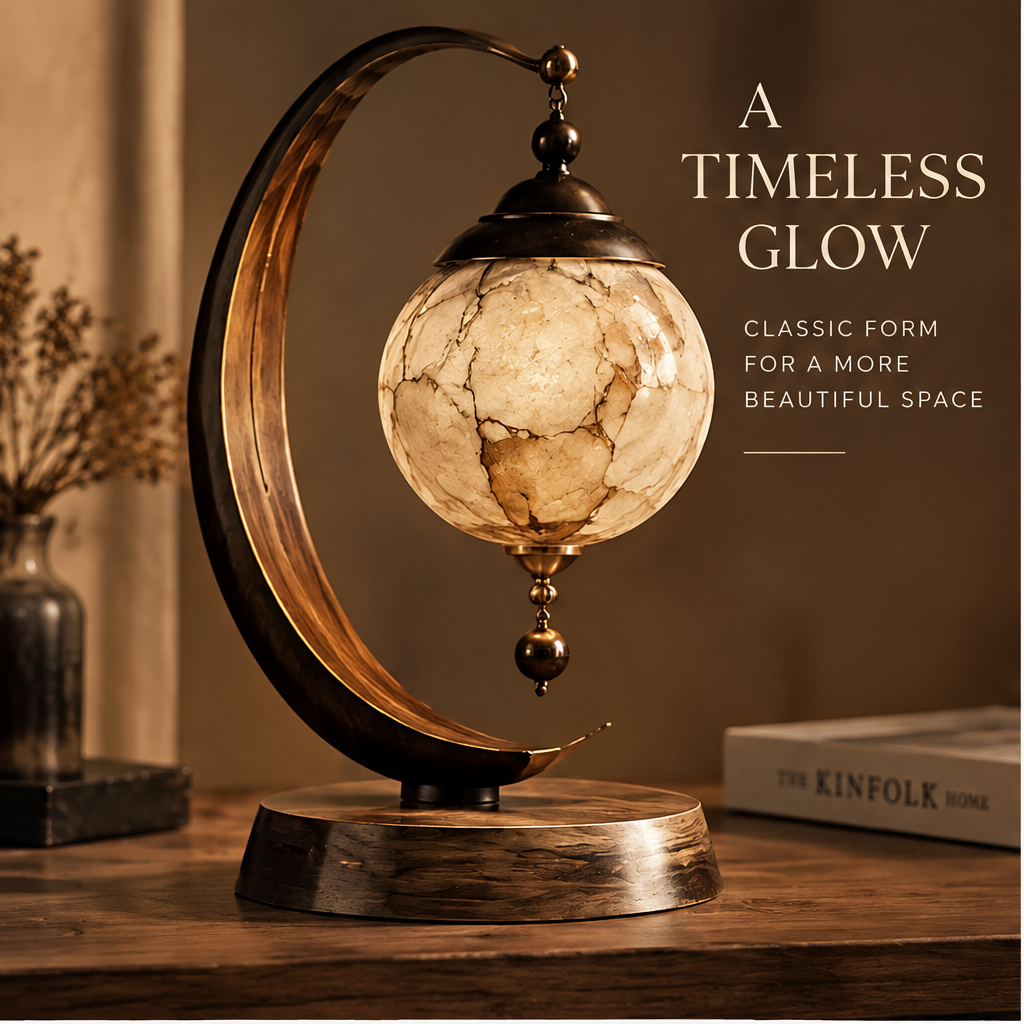 OMGANASA Crescent Arch Marble Globe Antique Bronze Wood Base Table Lamp - A Timeless Glow Scene