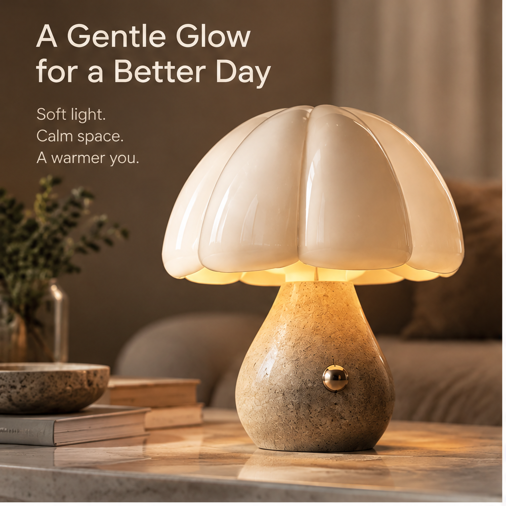 OMGANASA Petal Glass Shade Stone Base Touch Mushroom Table Lamp - Gentle Glow Scene