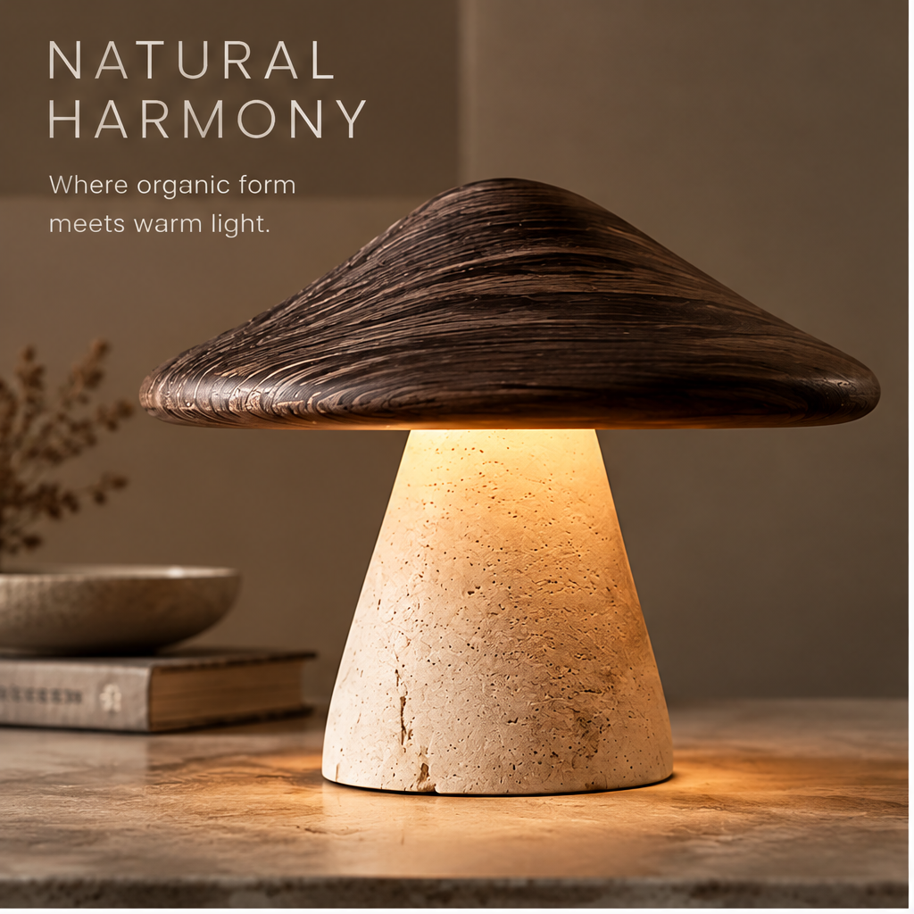 OMGANASA Solid Wood Shade Travertine Mushroom Table Lamp - Natural Harmony