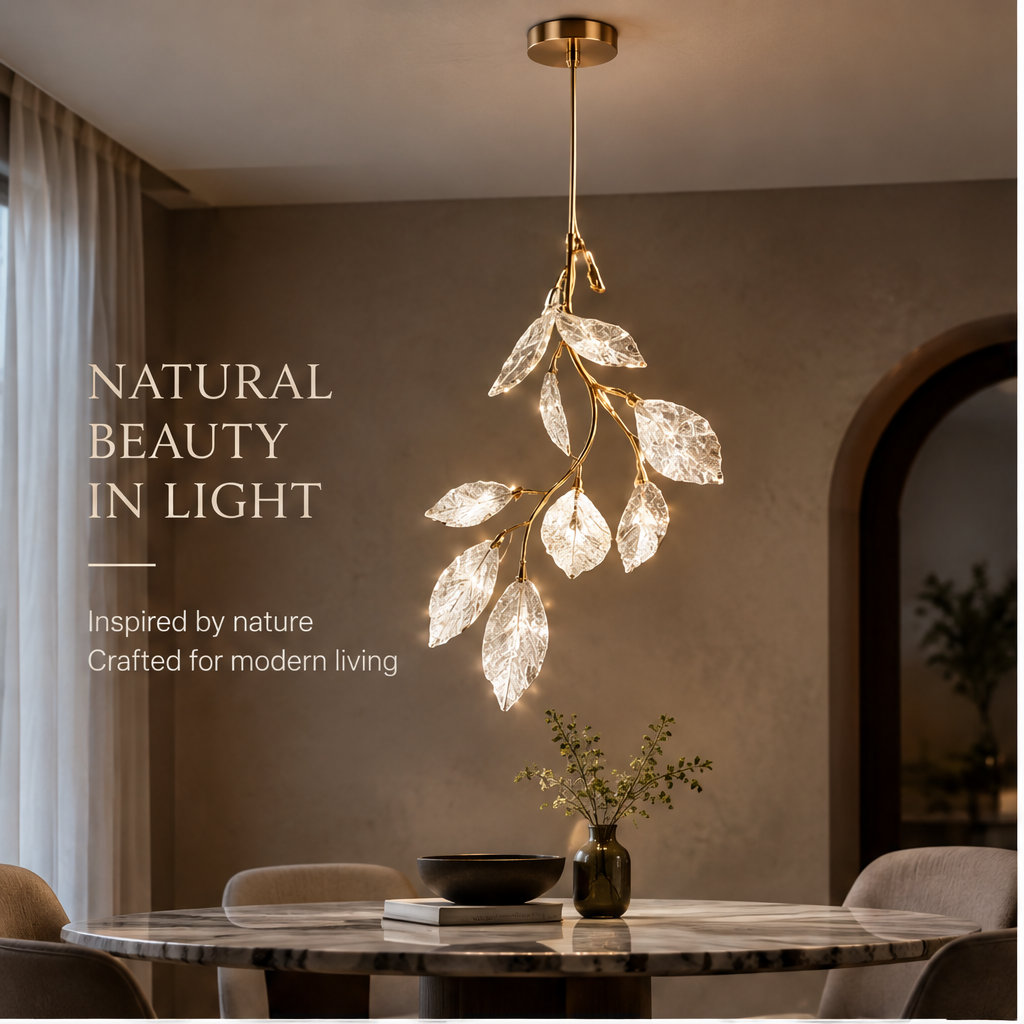 OMGANASA Crystal Leaf Branch Gold LED Pendant Chandelier Light - Dining Room Scene