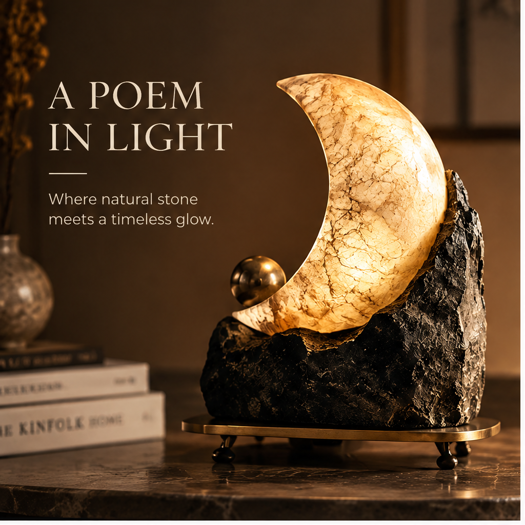OMGANASA Natural Alabaster Crescent Moon Raw Stone Sculptural Table Lamp - A Poem in Light Scene