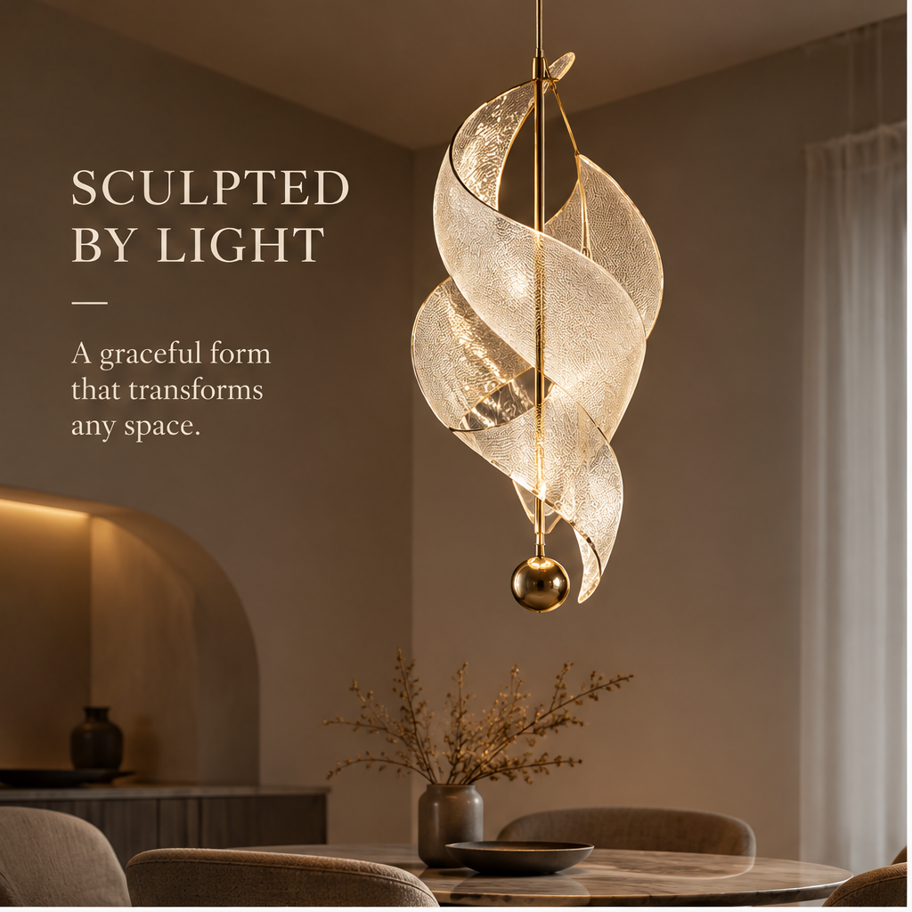 OMGANASA Spiral Crystal Glass Gold Sculptural Pendant Chandelier - Dining Room Scene