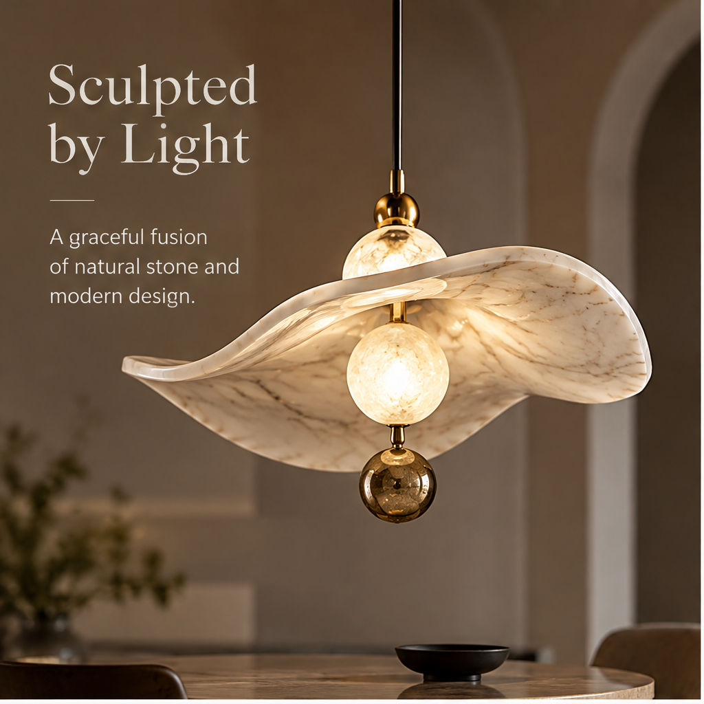 OMGANASA Marble Stone Leaf Shade Dual Globe Gold Pendant Light - Sculpted by Light Scene