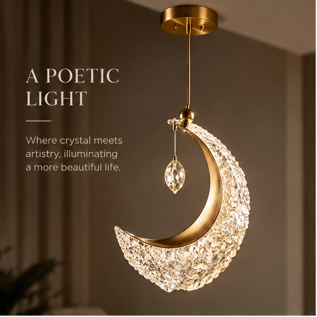 OMGANASA Crescent Moon K9 Crystal Gold Pendant Chandelier Light - A Poetic Light Scene