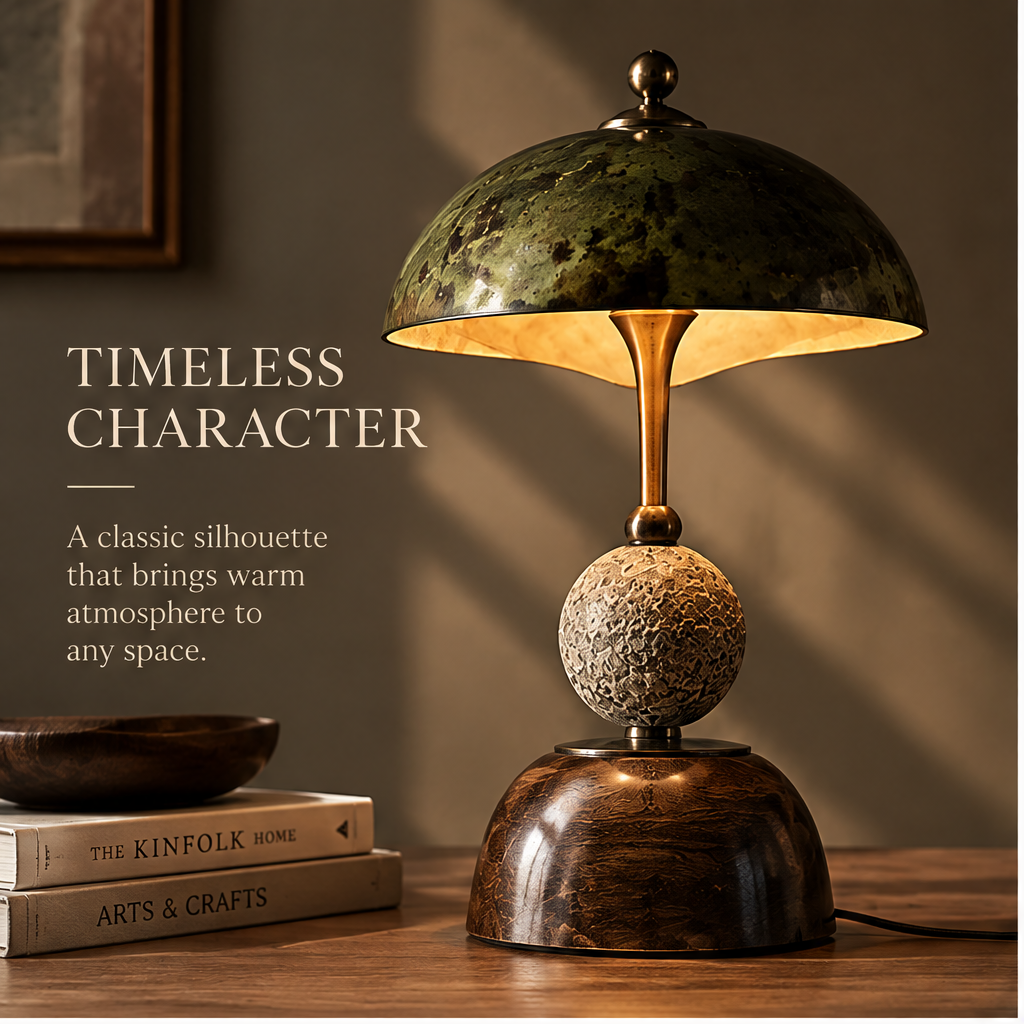 OMGANASA Vintage Dome Shade Natural Stone Sphere Bronze Table Lamp - Timeless Character Scene