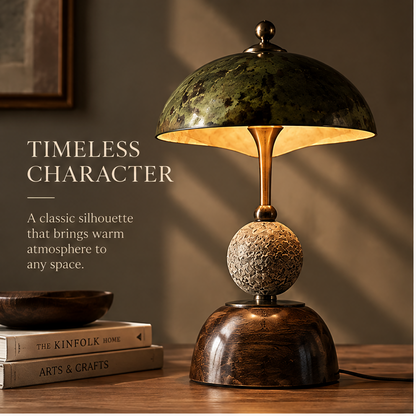 OMGANASA Vintage Dome Shade Natural Stone Sphere Bronze Table Lamp - Timeless Character Scene