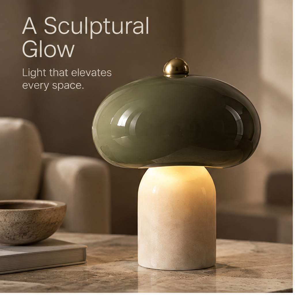 OMGANASA Green Glass Tri-Color LED Mushroom Table Lamp - Living Room Scene