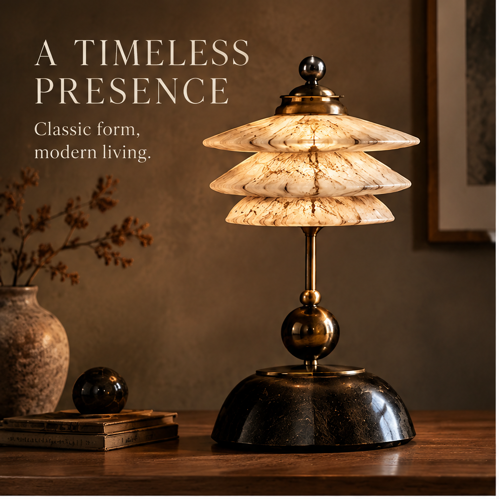 OMGANASA Triple-Tier Marble Glass Shade Art Deco Bronze Ball Table Lamp - A Timeless Presence Scene
