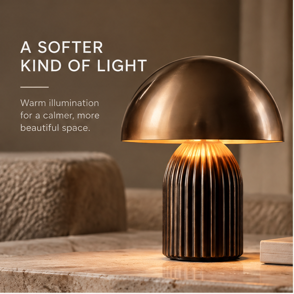 OMGANASA Bronze Metal Dome Ribbed Base Dimmable Mushroom Lamp - Three Brightness Levels