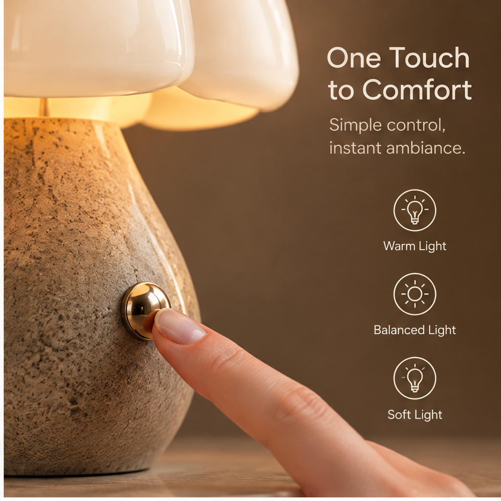 OMGANASA Petal Glass Shade Stone Base Touch Mushroom Table Lamp - One Touch Control