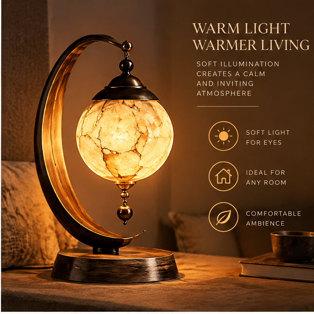 OMGANASA Crescent Arch Marble Globe Antique Bronze Wood Base Table Lamp - Warm Light Scene