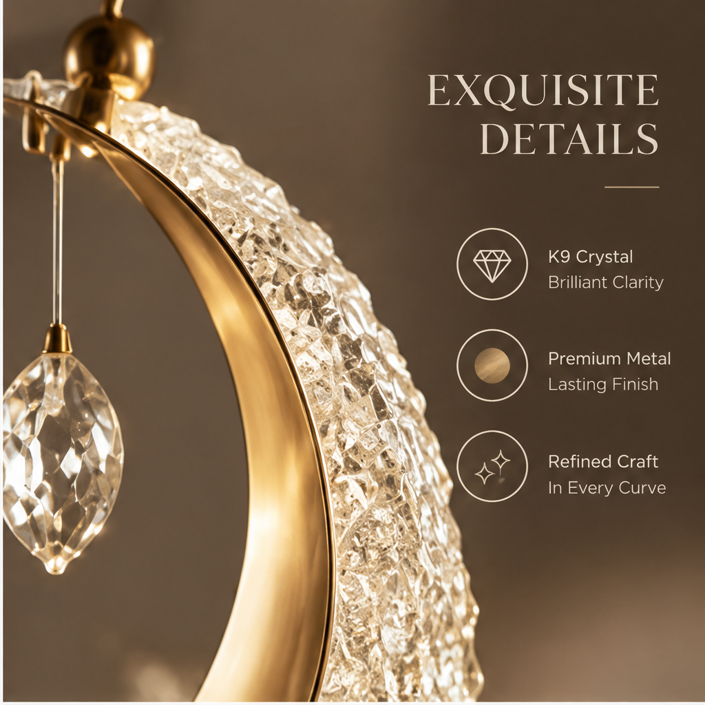 OMGANASA Crescent Moon K9 Crystal Gold Pendant Chandelier Light - Exquisite Details
