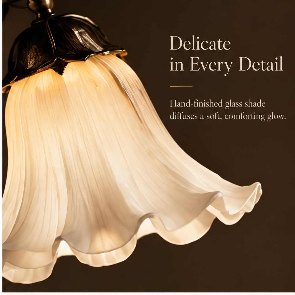 OMGANASA Lily of the Valley Floral Glass Shade Antique Brass Leaf Table Lamp - Delicate in Every Detail Glass Close-up