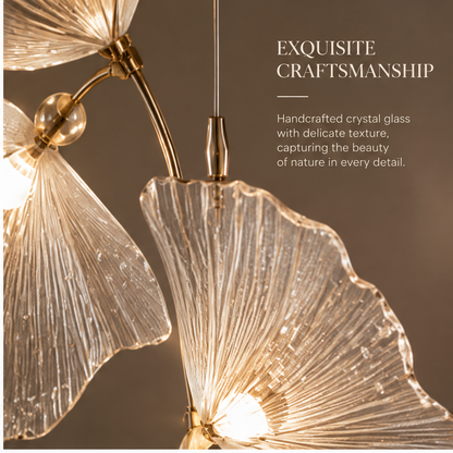 OMGANASA Ginkgo Leaf Crystal Glass Gold Multi-Head Cluster Chandelier - Exquisite Craftsmanship Detail
