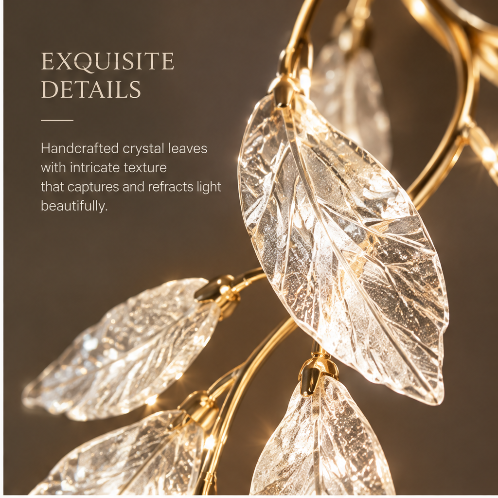 OMGANASA Crystal Leaf Branch Gold LED Pendant Chandelier Light - Exquisite Leaf Detail