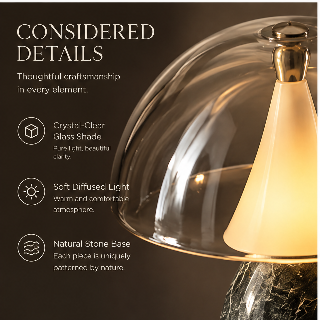 OMGANASA Stone Base Glass Dome Mushroom Table Lamp - Sculptural