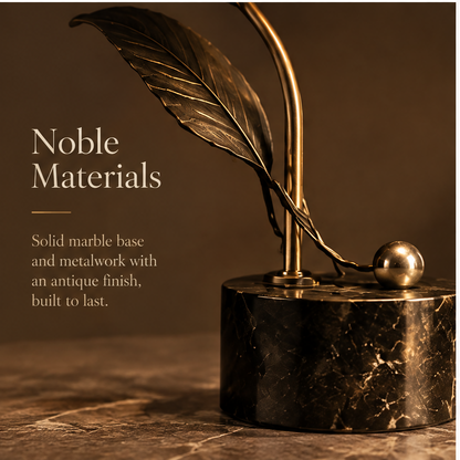 OMGANASA Lily of the Valley Floral Glass Shade Antique Brass Leaf Table Lamp - Noble Materials Base Detail
