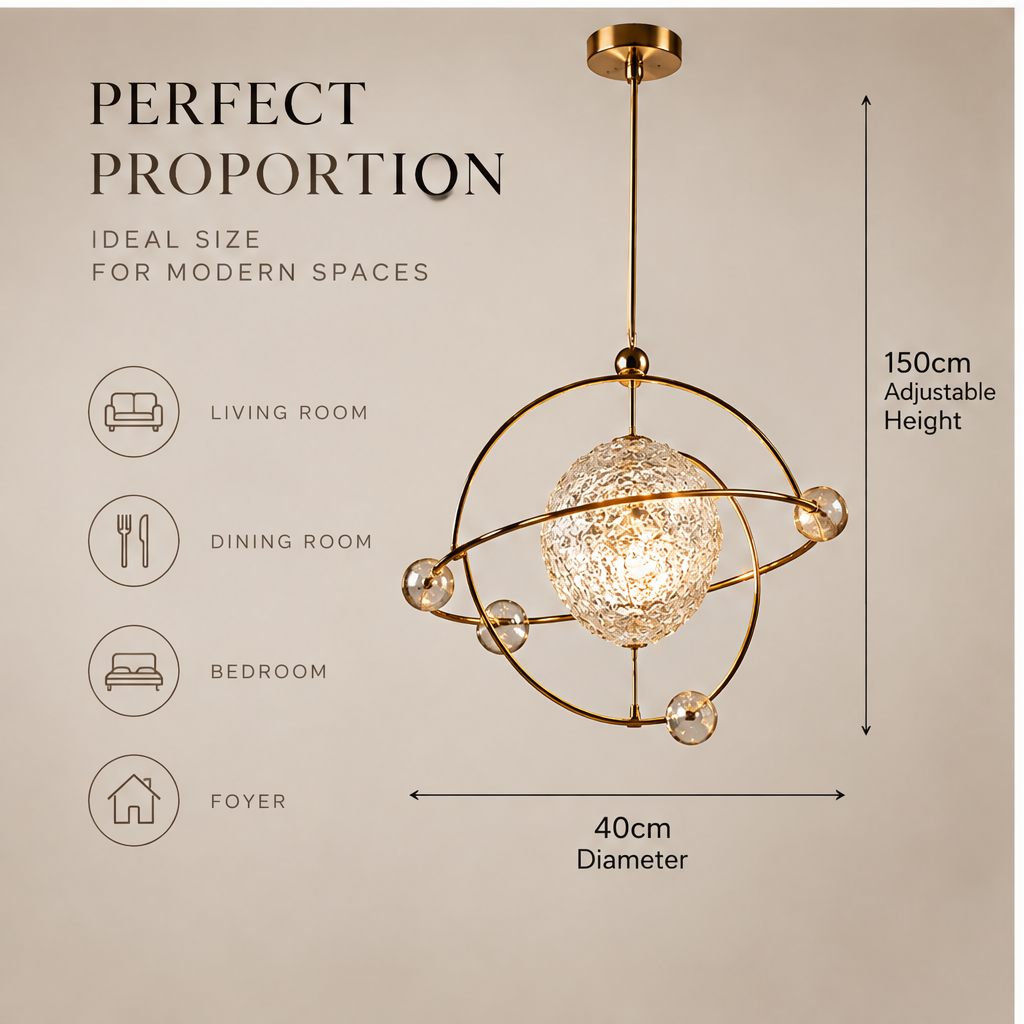 OMGANASA Solar System Crystal Globe Gold Chandelier Pendant Light - Size Guide