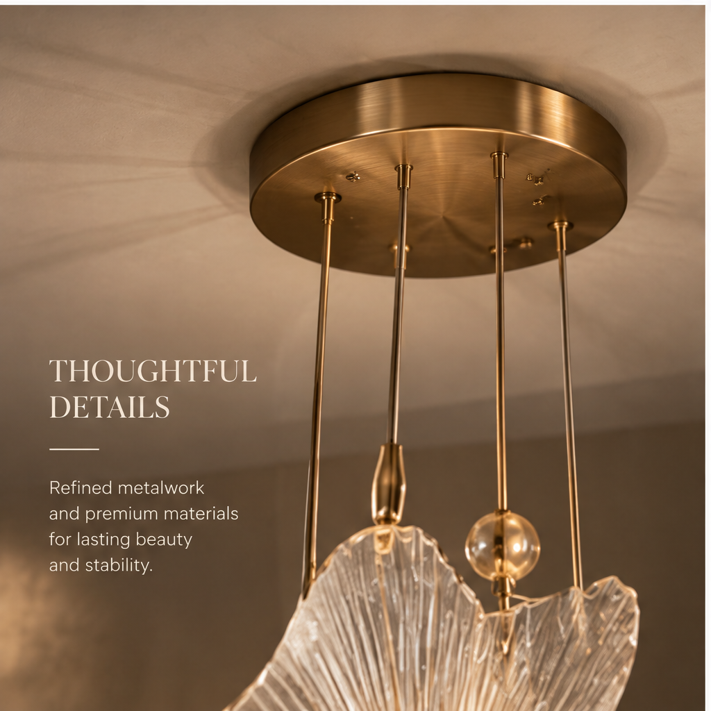 OMGANASA Ginkgo Leaf Crystal Glass Gold Multi-Head Cluster Chandelier - Thoughtful Canopy Details