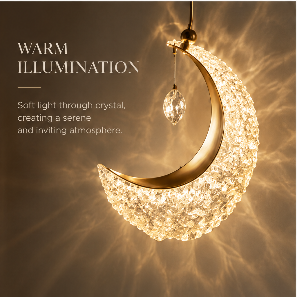 OMGANASA Crescent Moon K9 Crystal Gold Pendant Chandelier Light - Warm Illumination
