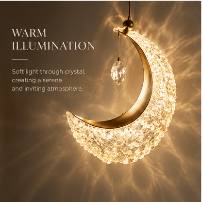 OMGANASA Crescent Moon K9 Crystal Gold Pendant Chandelier Light - Warm Illumination