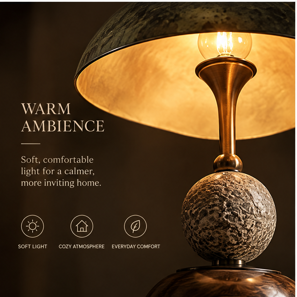 OMGANASA Vintage Dome Shade Natural Stone Sphere Bronze Table Lamp - Warm Ambience Interior Detail