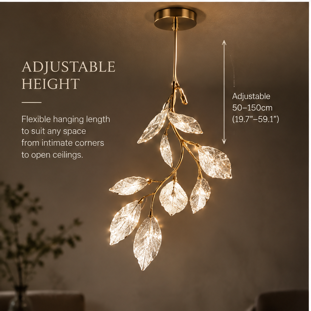 OMGANASA Crystal Leaf Branch Gold LED Pendant Chandelier Light - Adjustable Height