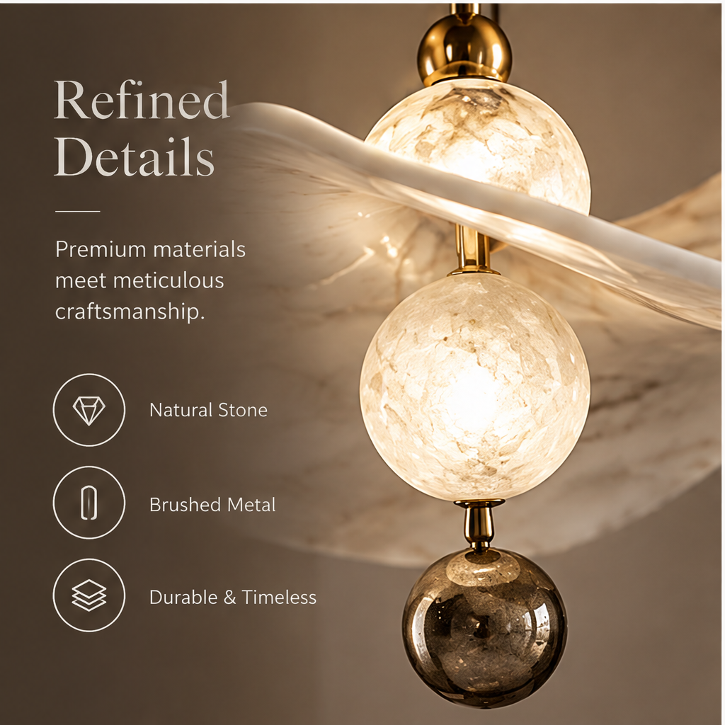 OMGANASA Marble Stone Leaf Shade Dual Globe Gold Pendant Light - Refined Details