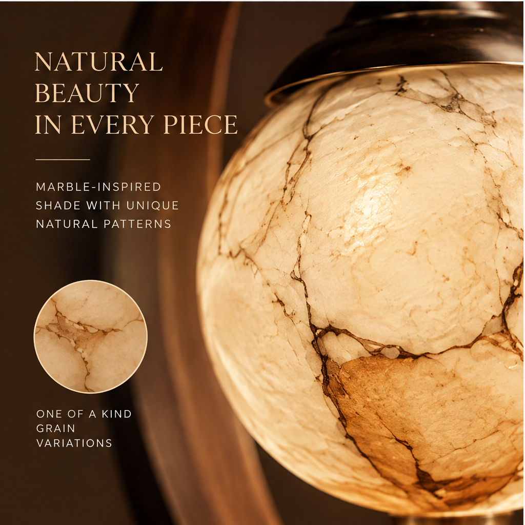 OMGANASA Crescent Arch Marble Globe Antique Bronze Wood Base Table Lamp - Natural Beauty Globe Detail