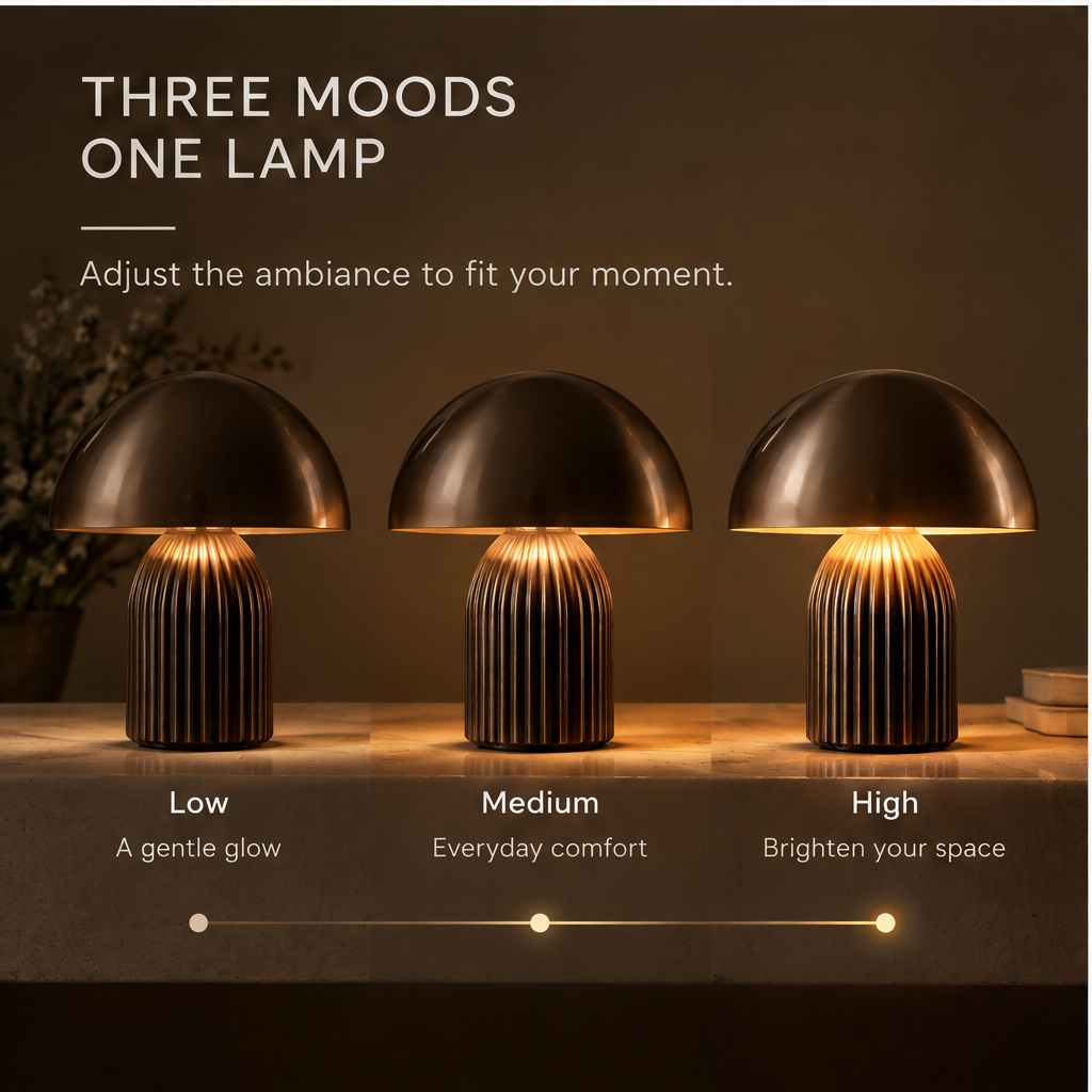 OMGANASA Bronze Metal Dome Ribbed Base Dimmable Mushroom Lamp - Softer Light Scene
