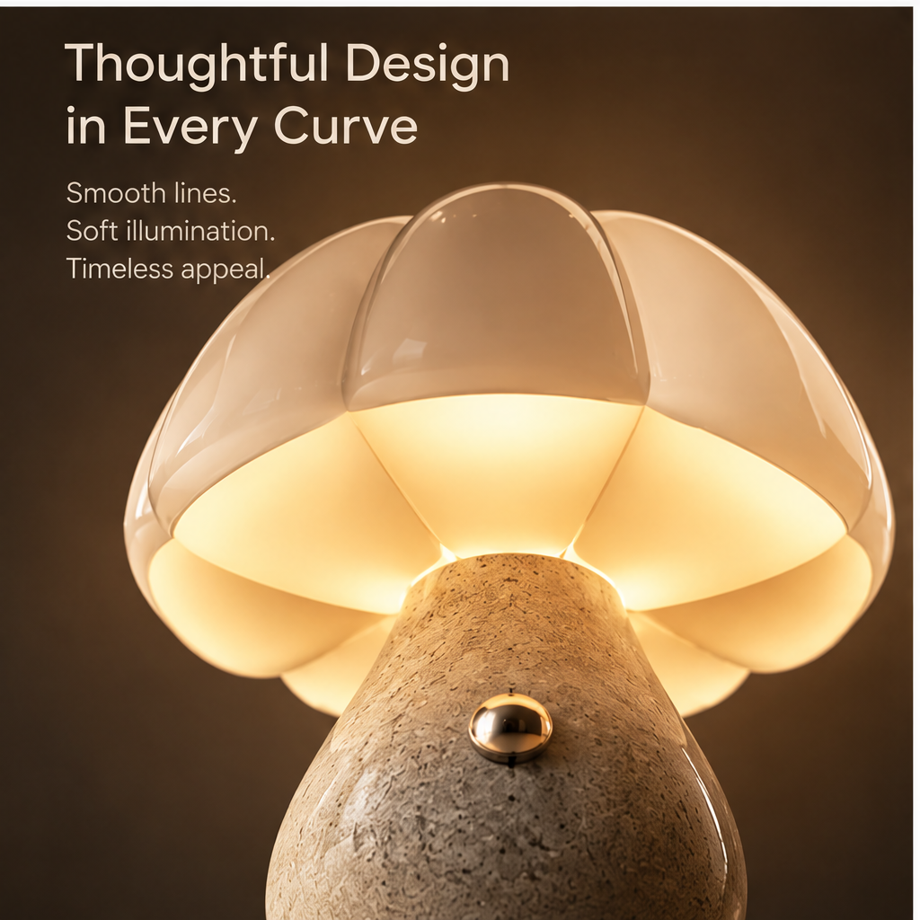 OMGANASA Petal Glass Shade Stone Base Touch Mushroom Table Lamp - Thoughtful Design Detail
