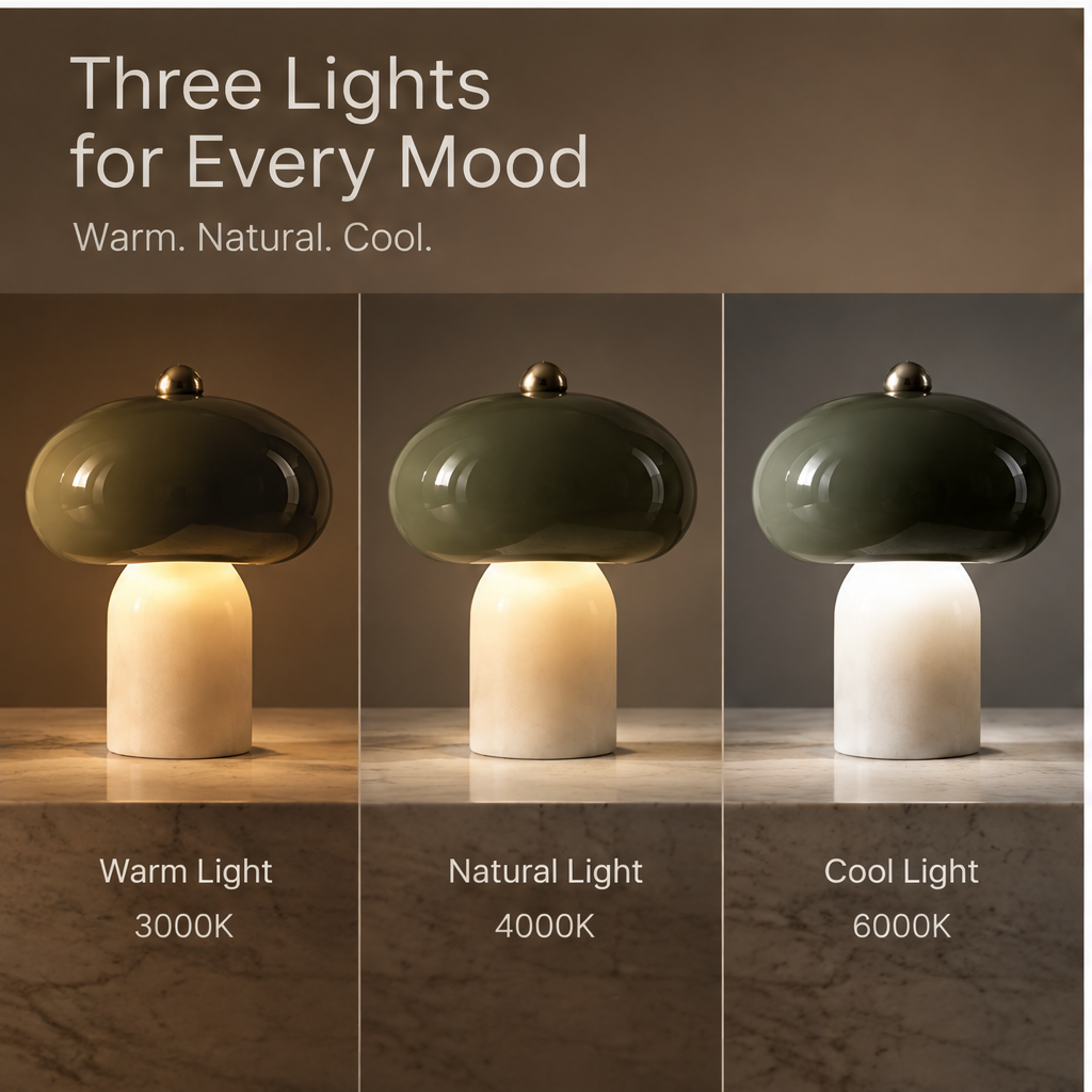 OMGANASA Green Glass Tri-Color LED Mushroom Table Lamp - Three Color Temperatures