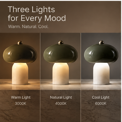 OMGANASA Green Glass Tri-Color LED Mushroom Table Lamp - Three Color Temperatures