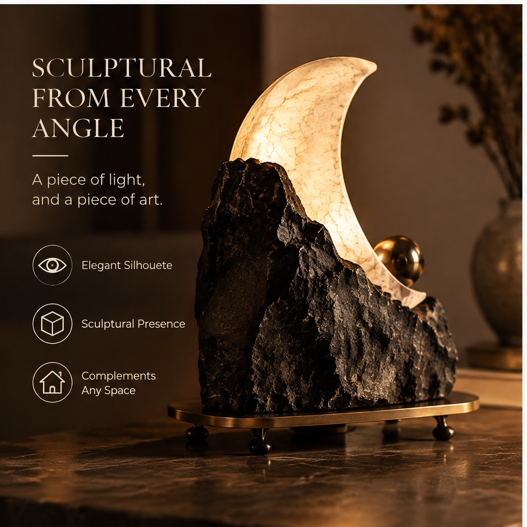 OMGANASA Natural Alabaster Crescent Moon Raw Stone Sculptural Table Lamp - Sculptural from Every Angle